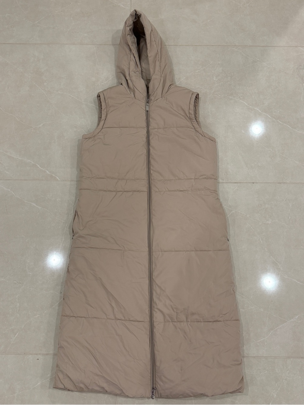 Calvin Klein Long Sleeveless Hooded Long Puffer Vest - Taupe